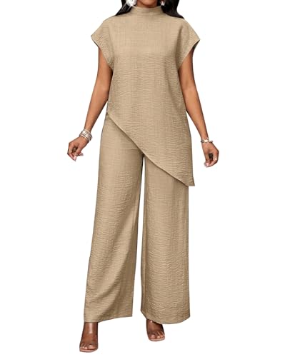 Image of MINTLIMIT Women's 2 Piece Outfits Cap Sleeve Mock Neck Irregular Top Long Pants Sets Summer Casual Outfits Matching Sets