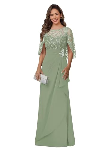 Mother of The Bride Dresses with Cape Sleeve Chiffon Ruffles Pleated Sage Green Sequin Lace Wedding Guest Gown for Women Size 8