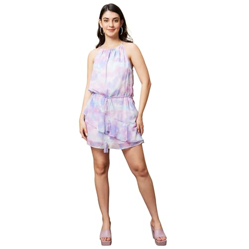 Image of Globus Women Pink Floral Print Halter Neck Sleeveless Lurex Mini Dress-3640100001