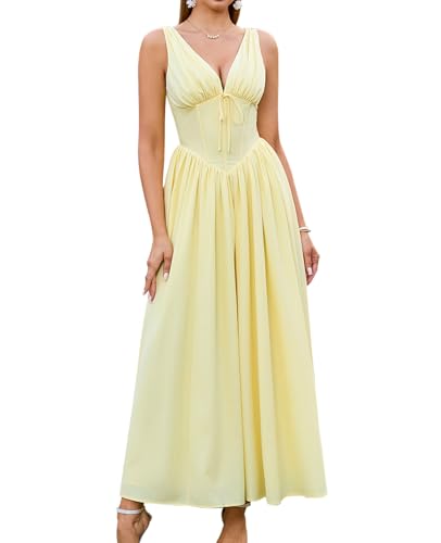 GLNEGE Women's Summer Corset Midi Milkmaid Dress Casual V Neck Flowy A Line Sundress Wedding Guest Dresses with Pockets 2025 Yellow
