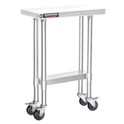 Image of DuraSteel 24x12 NSF Stainless Steel Cart Work Table - Heavy Duty Rolling Food Prep Table - Metal Utility Cart on Wheels Caster, Grill Stand Microwave Outdoor Kitchen Tables Countertop Island Top Vevor