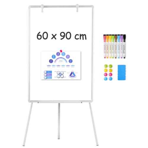 QUEENLINK 60x90cm Portable Flipchart Stand Height Adjustable White Board with Stand Fllip Chart Rolling WhiteBoard for Office Home