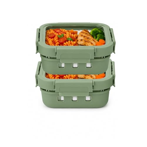 Image of Griplok Glass Lunch Box with Leakproof Lid, Borosilicate Food Storage Container with Silicone Sleeve, Airtight, Microwave /Dishwasher Safe (Forest Green, 2x640ml)