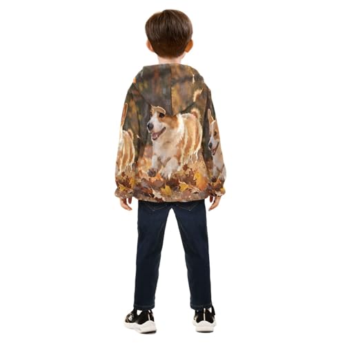 Happy Dog Running Among Leaves Toddler Fleece Jacket Girl Boys Hooded Fleece Jacket Coat Warm Outwear Zip-up 3-10T4