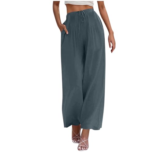 Women's Cotton Linen Pants Summer Drawstring Palazzo Pants Flowy Wide Leg Pants Beach Vacation Clothes with Pockets
