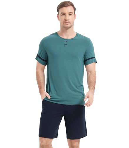 Image of NACHILA Pajamas Set for Men-Viscose Made from Bamboo, Short Sleeve Sleepwear Cool Pjs with Shorts Pants Soft Loungewear