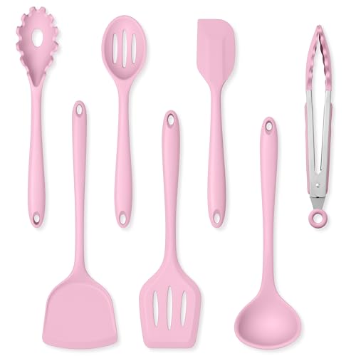Herogo Silicone Cooking Utensils Set, 7-Piece Kitchen Utensils Set, Heat Resistant Cooking Gadget Tools Slotted Turner, Spoon, Soup Ladle, Pasta Server, Spatula, Tongs for Nonstick Cookware, Pink
