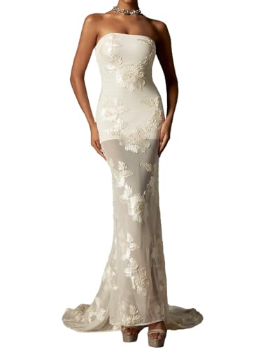 BELLA BARNETT White Embroidery Dress for Women Wedding Guest Dress Maxi  Strapless Dress Mesh Dress Bodycon Flowy Dress Elegant Dress Date Night  Dress at Amazon Women's Clothing store