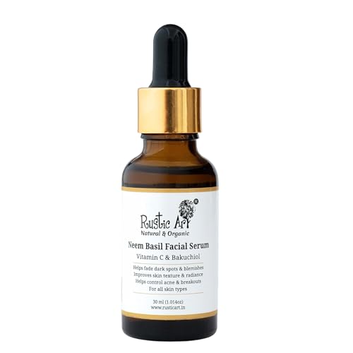 Image of Rustic Art Neem Basil Facial Serum | Vitamin C & Bakuchiol | Controls acne & breakouts, fades dark spots | Imrpoves skin radiance | For all skin types | Organic & Natural |30 ml