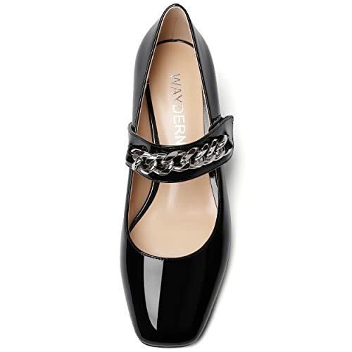WAYDERNS Women's Slip-on Patent Lace Up Metal Chain Square Toe Mary Jane Wedge Low Heel Pumps Shoes 2 Inch3