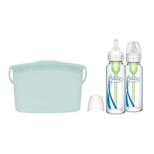 Image of Dr. Brown's Reusable Silicone Sterilizer Bag, Narrow Glass Anti-Colic Baby Bottles with Slow Flow Nipples, 8 oz 2 Pack