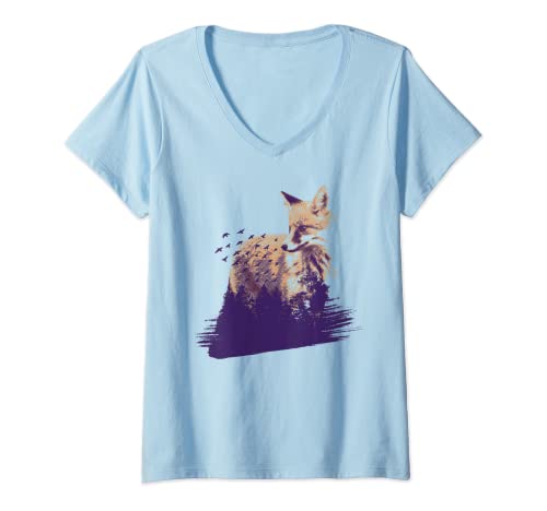 Donna Fox Natura Foresta Outdoor Escursioni Campeggio Maglietta con Collo a V
