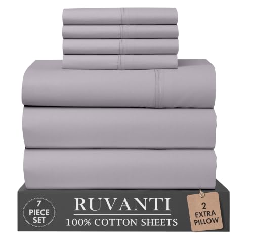 RUVANTI 100% Cotton Split King Sheets, Percale Sheets Set, Opal Gray