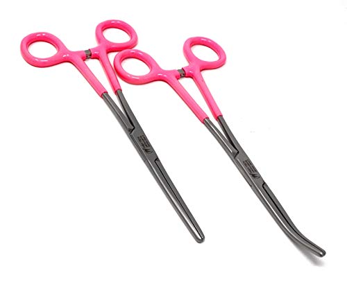 Set of 2 Assorted Color PVC Grip Handle German Stainless Straight & Curved Hemostat Forceps Pliers Full Serrated 8