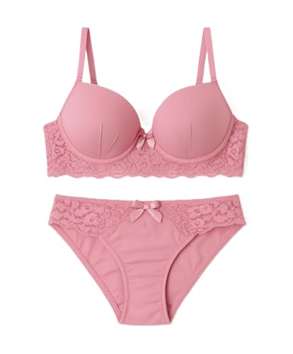 Image of Women's Elegant Lace Trim Padded Lingerie Set with Bow Detail, Push-Up Bra and Matching Panty, Available in six Colours