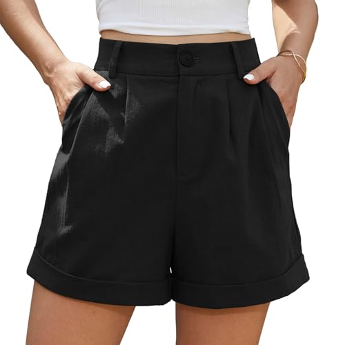 BEIGAI Damen Shorts Sommer Leinen High Waist Shorts mit Taschen,Schwarz,XL
