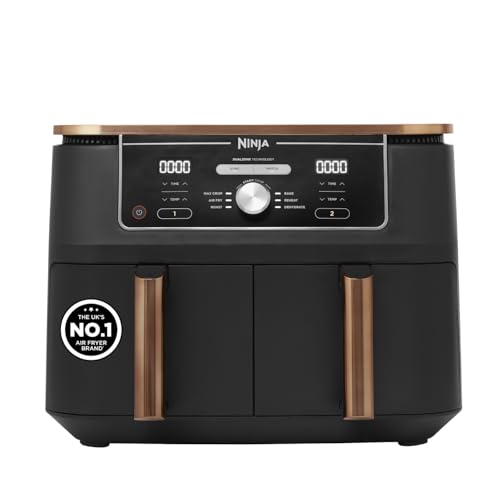 Ninja Foodi MAX Dual Zone Air Fryer Amazon Exclusive Tongs 2 Drawers 9.5L 6-in-1 Use No Oil Air Fry Max Crisp Roast Bake 8 Portions Nonstick Dishwasher Safe Baskets Copper/Black AF400UKCP