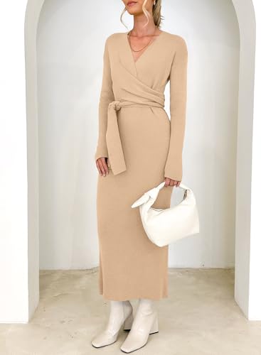 Image of Happy Sailed Womens Knit Dress Spring Long Sleeve Wrap V Neck Tie Waist Ribbed Sweater Dresses