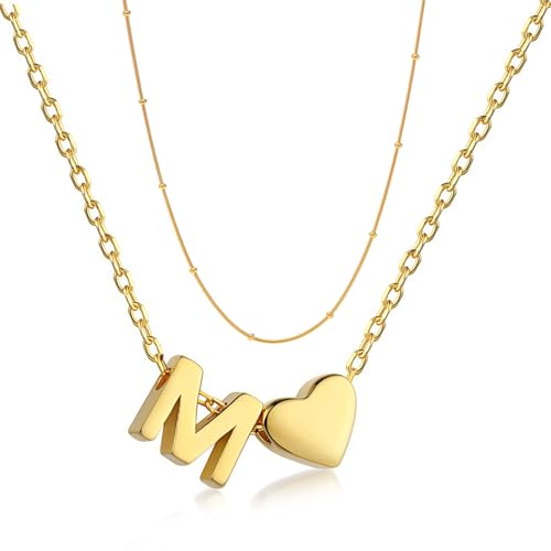 Kette Layered Damen Kette mit Buchstaben, Personalisierte Kette Gold, Damen Herzkette Initialen Buchstaben Ketten mit Anhänger, 18K Vergoldete Edelstahl Halskette, Modeschmuck für Frauen (M)