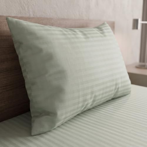 Image of Home Sizzler Microfibre Light Green Satin Stripe Elasticated Fitted Single Bedsheet (36x72 Inches) with 1 Pillow Cover
