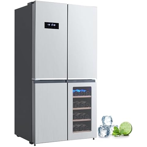Gelindo Stainless-Steel 4 Doors Fridges Kitchen-Freezer - 36 Inch French Door Refrigerator, 21 Cu.Ft. Counter Depth Refrigerator Bottom Freezer with Wine Cabinet,Adjustable Shelves Cover