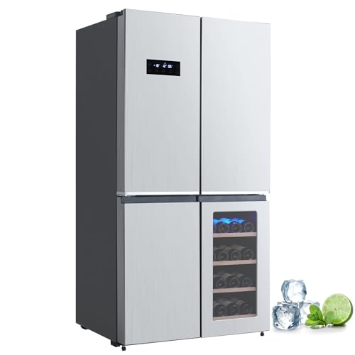 GarveeHome 36 Inch French Door Refrigerator, 21 Cu.Ft. Counter Depth Refrigerator Bottom Freezer with Wine Cabinet, Stainless Steel 4 Doors Fridges Kitchen Freezer, Adjustable Shelves