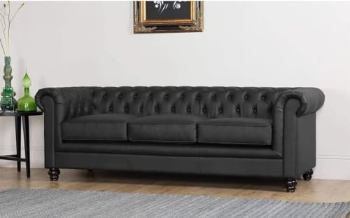 Image of A to Z Furniture Wood Classic 3+2=5 Seater Sofa Set Luxury Chesterfield Leatherette Sofa in for Home Living Room & Office (Black)