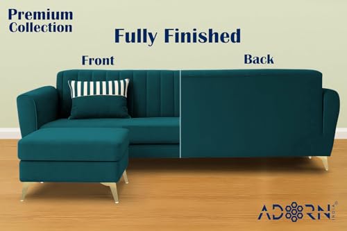 Image of Adorn India Premium Luster 4 Seater L Shape Sofa Set | Velvet Suede Fabric | 3-Year Warranty | Color Ocean Blue with Golden Legs & Striped Pattern Cushion