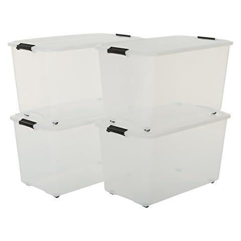 Iris Ohyama, Aufbewahrungsboxen aus Kunststoff mit Flip-Top-Deckel und Verschlussklammern, 70L, 4er-set, Modulare Räder, BPA-frei, Schlafzimmer, Büro, Wohnzimmer, TBR-70, Transparent Cover