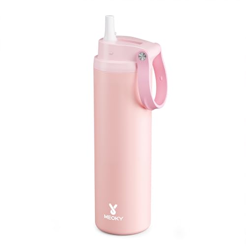 Image of Meoky 24 oz Insulated Stainless Steel Water Bottle: Flip-to-Pop Straw, Leak Proof, 24H Cold, Wide Mouth, BPA-Free, Non-slip Base, Travel Water Bottle for Women School Backpack Car, Candy
