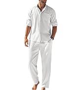 COOFANDY Men's 2 Piece Linen Shirts Sets Summer Beach Long Sleeve Casual Button-Down Shirts with ...