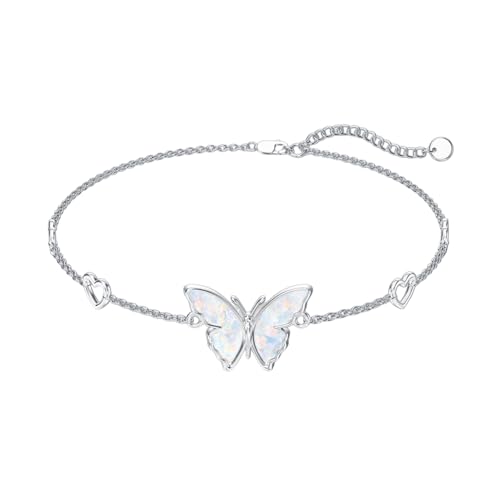 Image of WINNICACA 925 Sterling Silver Anklets for Women Adjustable Beaded Butterfly Opal Anklet Bracelet Foot Chains Jewelry Gifts for Women Beach Birthday Christmas Gift