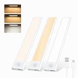 20CM Luz de Armario con Sensor Movimiento, 36 LED Cocina Bajo Mueble USB Recargable, Luz Nocturna con 3 Color 4 Modos, Regulable Lampara LED Adhesiva para Gabinete, Pasillo, Escalera, 3 Piezas