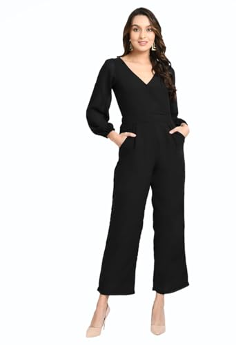 Image of V&M Women's Black V-Neck Jumpsuit | Full Sleeve Straight-Leg One-Piece with Side Pockets | Elegant Western for Office, Party & Evening Outfits