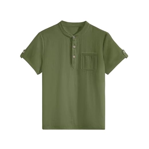 heekpek Chemise Garçon Manche Courte Été Tshirt Chemise pour Enfants Henley Coton Haut, Vert Militaire, 150cm