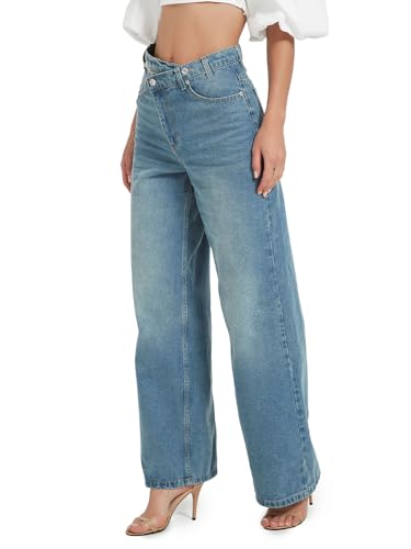 Women's Asymmetric High Waisted Wide Leg Jeans, Zipper-Button Closure Denim Pants3