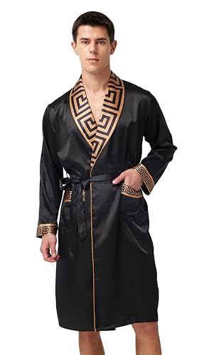Image of TONY AND CANDICE Men's Satin Robe Lightweight Long Sleeve Silk Kimono Bathrobe with Shorts Set Sleepwear
