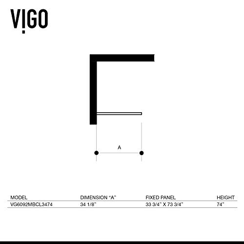 Vigo Zenith Fixed Glass Shower Wall Panels | Framed Mosaic Grid Tempered Shower Glass Panel For Walk-In Bathroom (1" L X 34.125" W X 74" H) | Clear Glass Shower Panel With Matte Black Hardware Finish #TOP7