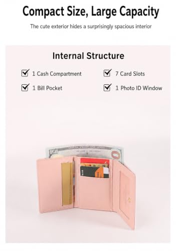 Image of Valerie Cute Small Wallets Clutch for Teen Girl Women PU Leather Trifold Small Wallet Cash Pocket 3D Buckle Card Holder Coin Purse with ID Window for Girls Women (Pink Cat)