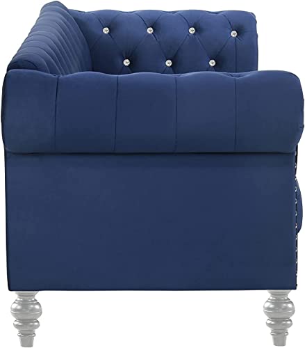 New Classic Furniture Glam Emma Velvet Three Seater Chesterfield Style Sofa For Small Spaces With Crystal Button Tufts, Royal Blue #TOP1