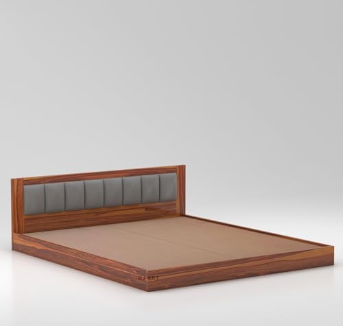 Image of Solid Sheesham Wood Queen Size Bed Without Storage for Bedroom Living Room Home Hotel Wooden Double Bed Cot Palang with Cushion Headboard Home Furniture (Honey Finish)