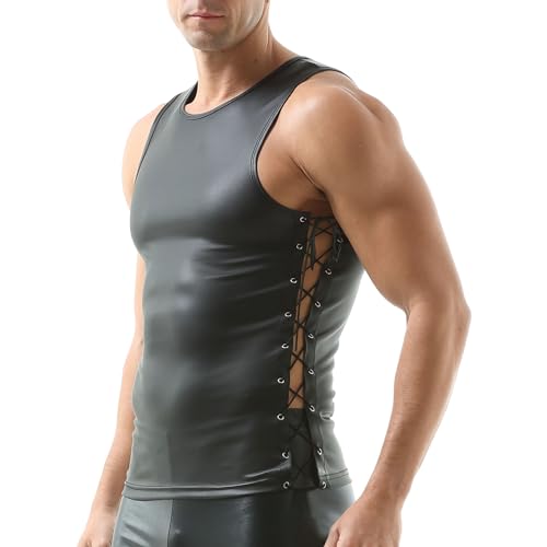 DTODWW Men's Faux Leather Vest Sleeveless Undershirt Tank Top Shirt Round Neck Undershirt Clubwear