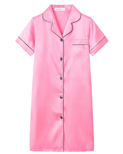 Satin Nightgowns for Girls Kids Silk Short Sleeve Button Down Sleepshirt Dress Night Pajamas size 8-16