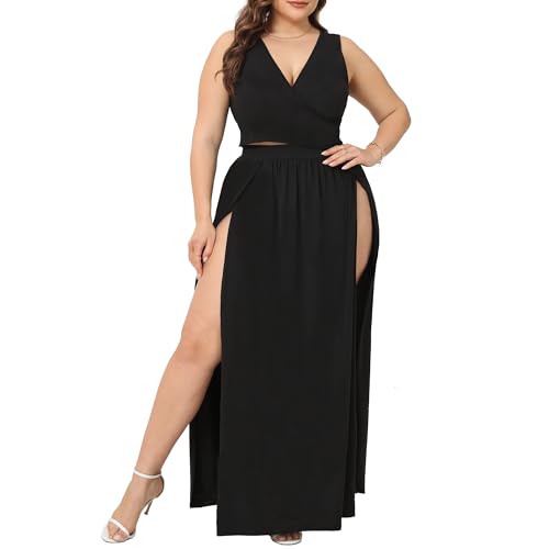 SILUI Women's Sexy 2 Piece Maxi Skirt Set Crop Top Double High Slit Vacation Festival Summer Outfits