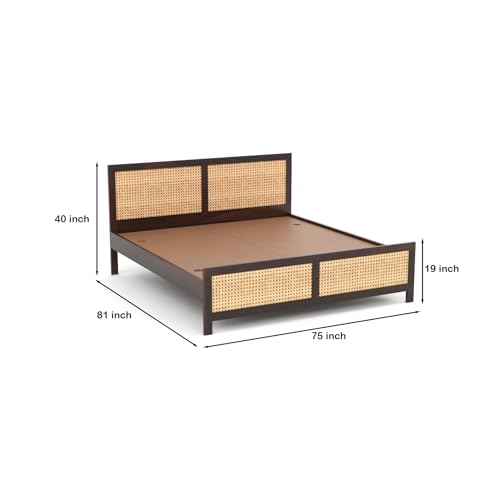 Image of Sheesham Wood Cane Bed Without Storage for Bedroom | King Size Wooden Double Bed Palang with Rattan Headboard & Footboard (Walnut Finish)