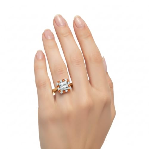 Image of Choose Your Gemstone Floating Halo Diamond CZ Ring Yellow Gold Plated Princess Shape Halo Engagement Rings Everyday Jewelry Wedding Jewelry Handmade Gifts for Wife US Size 4 to 12