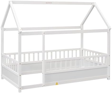 Miniatura 6 de anwickjeff Cama Montessori de madera con valla y techo para niños, moderno marco de cama individual para niños y niñas (blanco, individual)