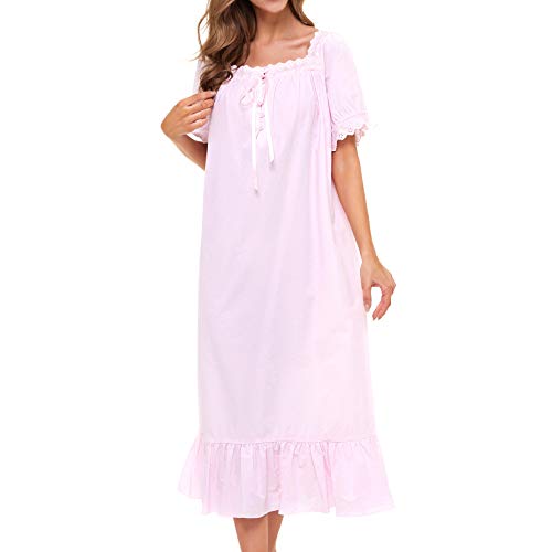 Image of Lu's Chic Women's Victorian Nightgown Cotton Sleepwear Long Loungewear Short Sleeve Vintage