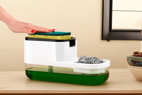 Image of MARKWELL Plastic Soap Dispenser for Sink | 2-in-1 Liquid Dishwash Dispenser with Sponge Holder & Steel Scrubber | Steel Scrubber | 3-in-1 soap Dispenser | Sink Organizer, Durable & Rustproof