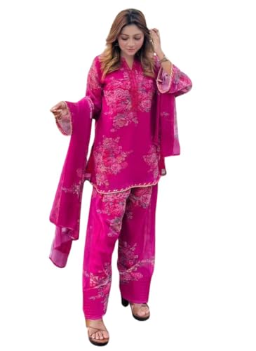 Image of JIYA'S Collection Women's Pure Faux Georgette Kurta Palazzo Set with Dupatta | Digital Print Full Sleeve Kurti with Farshi Pant